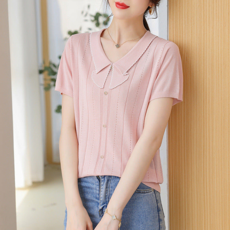 Doll Collar Carven Design Breasted Short-sleeved Sweater Top