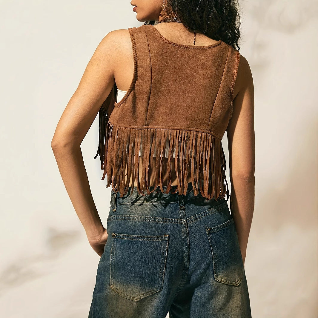 Women's Solid Color Tassel Hem Lace Up Slim Vest