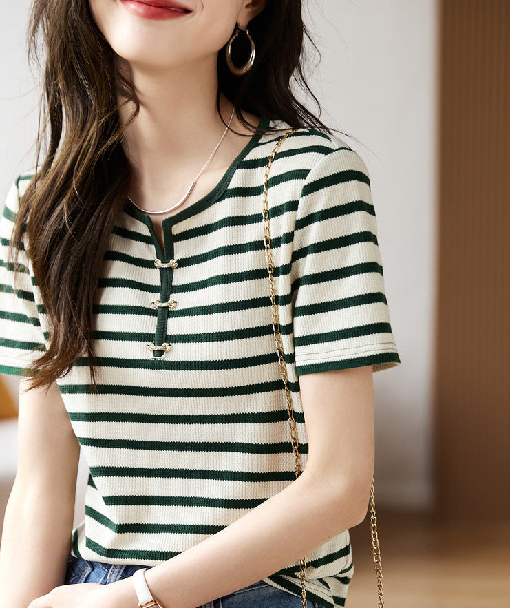 Striped Contrast Color Decorative Buckle Top