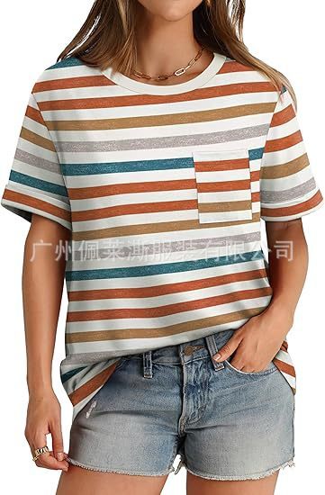 Striped Printed Solid Color Round Neck Pocket Short Sleeve