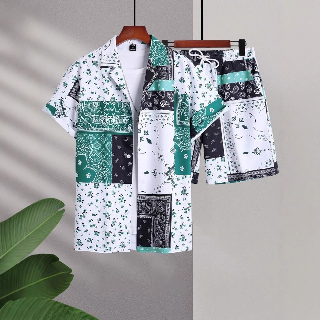 Contrast Color Retro Totem 3D Printed Shirt Shorts 2 Pieces Suit