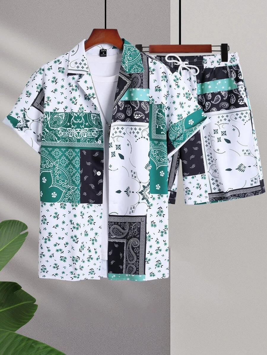Contrast Color Retro Totem 3D Printed Shirt Shorts 2 Pieces Suit