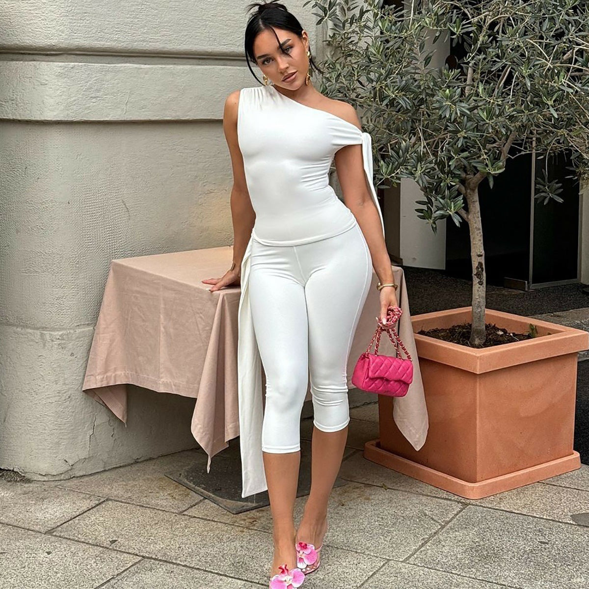 One-shoulder Cold-shoulder Design Bandage Tight Two-piece Suit