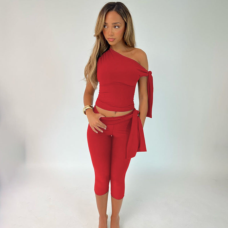 One-shoulder Cold-shoulder Design Bandage Tight Two-piece Suit