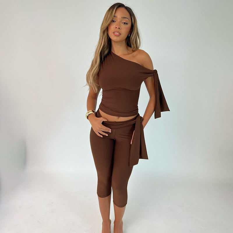 One-shoulder Cold-shoulder Design Bandage Tight Two-piece Suit
