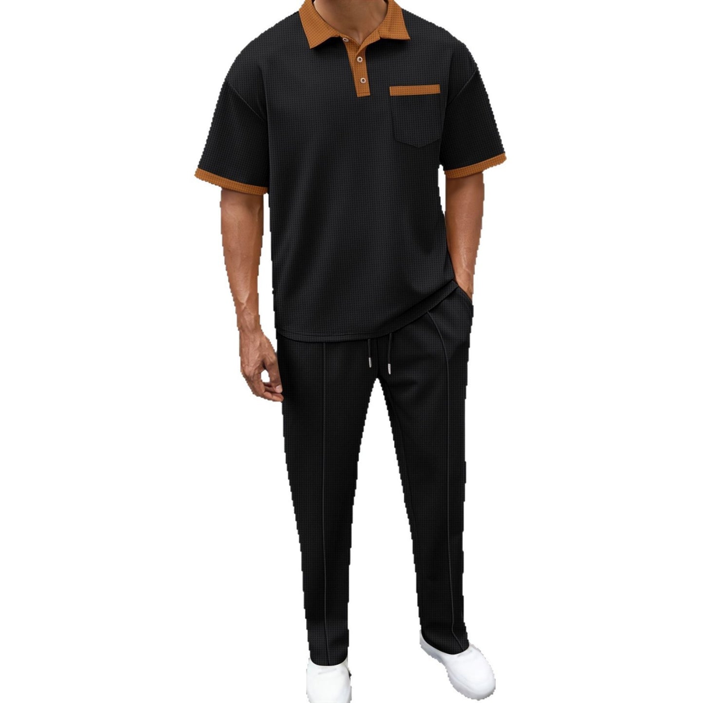 Waffle Lapel Color Matching Short-sleeved Trousers Two-piece Casual Suit
