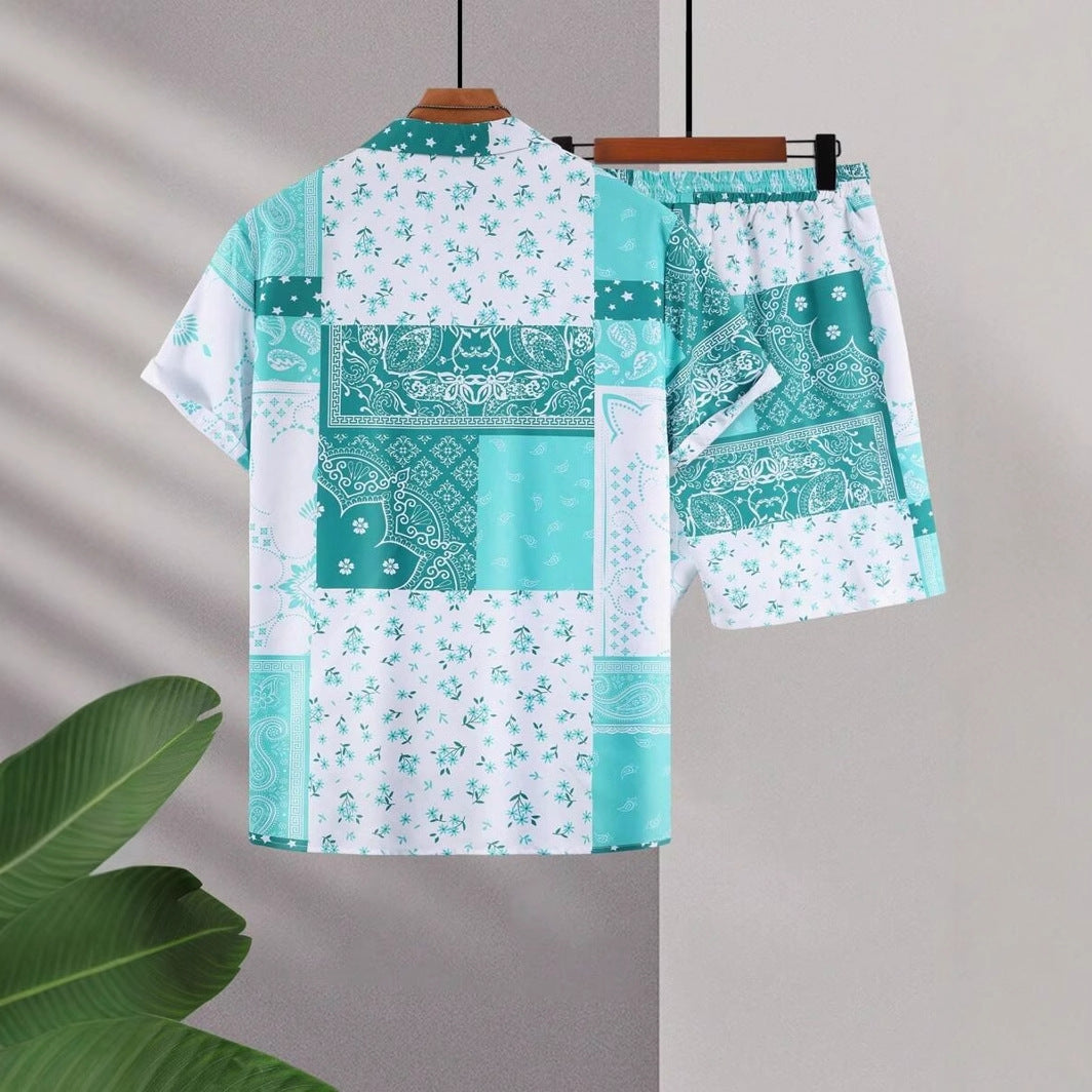 Contrast Color Retro Totem 3D Printed Shirt Shorts 2 Pieces Suit