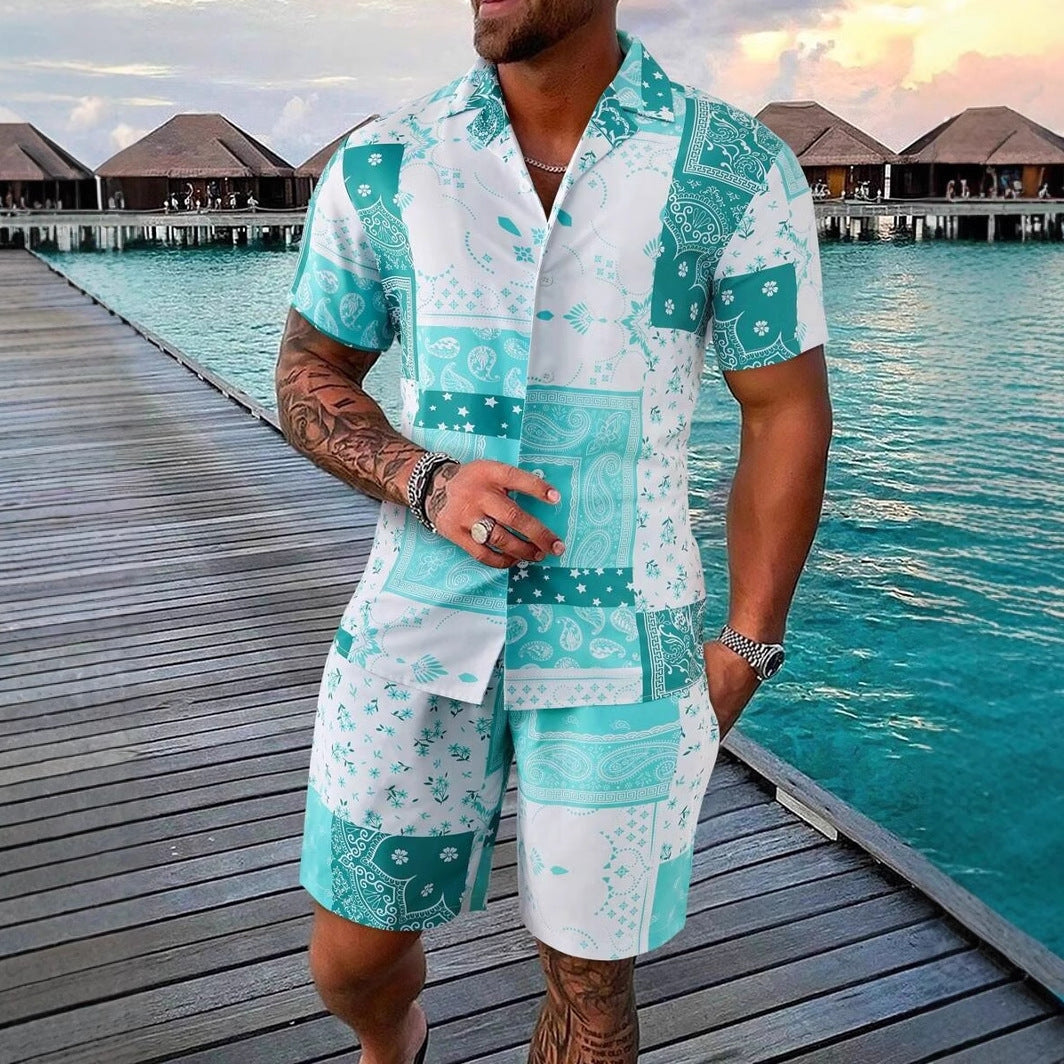 Contrast Color Retro Totem 3D Printed Shirt Shorts 2 Pieces Suit