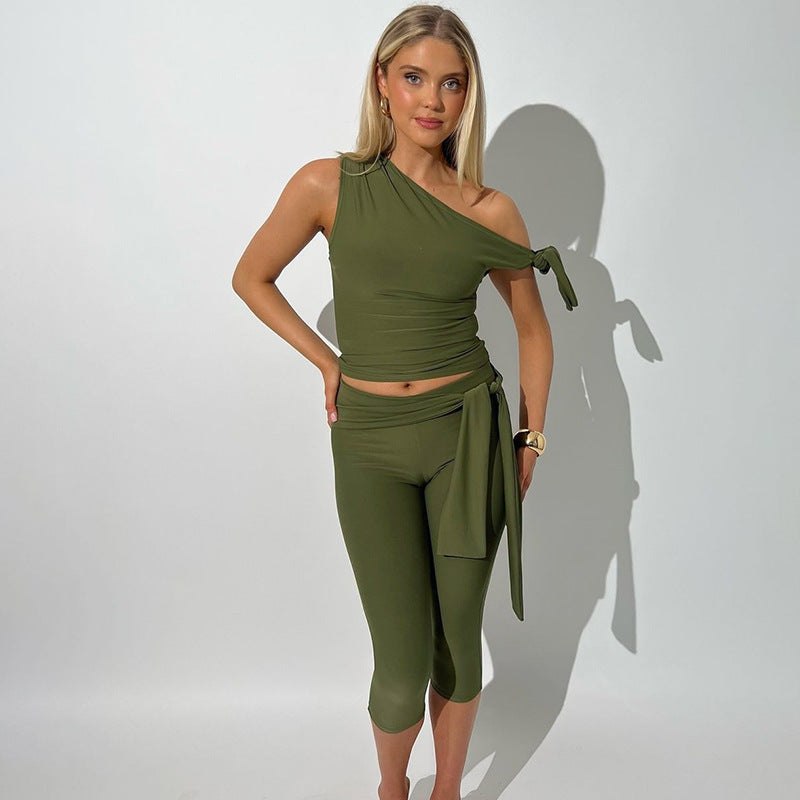 One-shoulder Cold-shoulder Design Bandage Tight Two-piece Suit