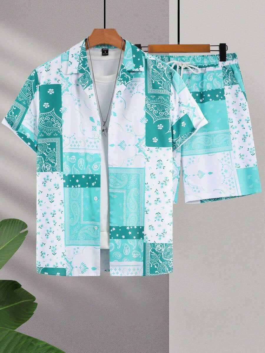 Contrast Color Retro Totem 3D Printed Shirt Shorts 2 Pieces Suit