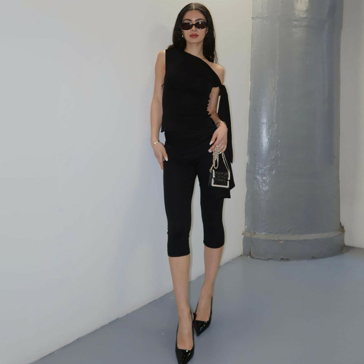 One-shoulder Cold-shoulder Design Bandage Tight Two-piece Suit
