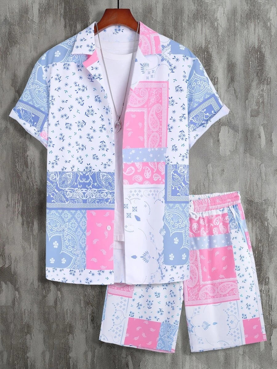 Contrast Color Retro Totem 3D Printed Shirt Shorts 2 Pieces Suit