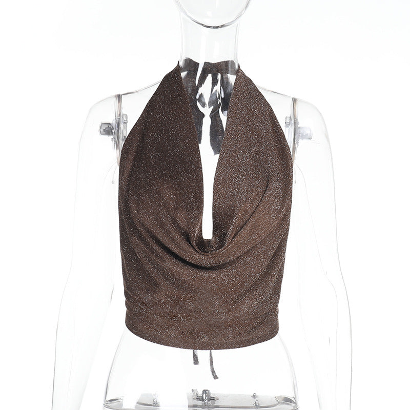 Women's Pure Color Halter Silver Silk Pockets Collar Top