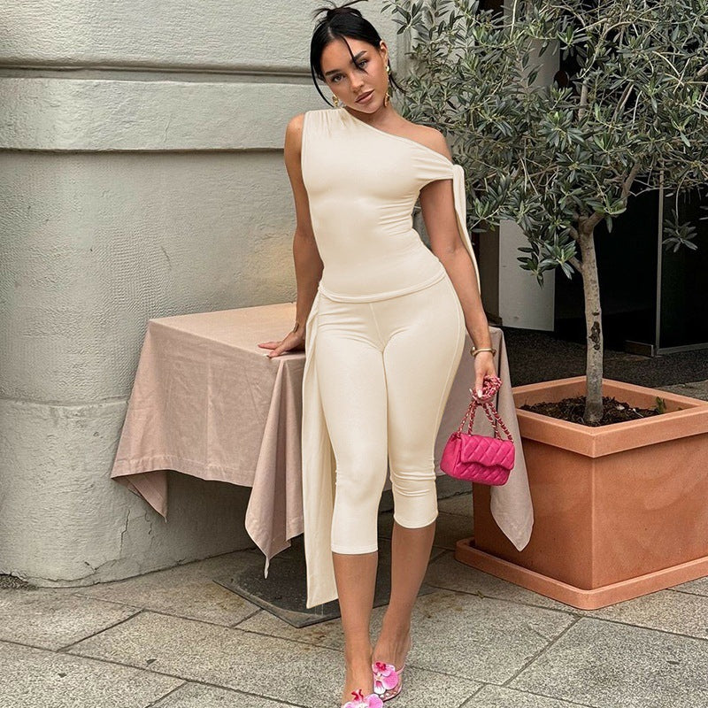 One-shoulder Cold-shoulder Design Bandage Tight Two-piece Suit