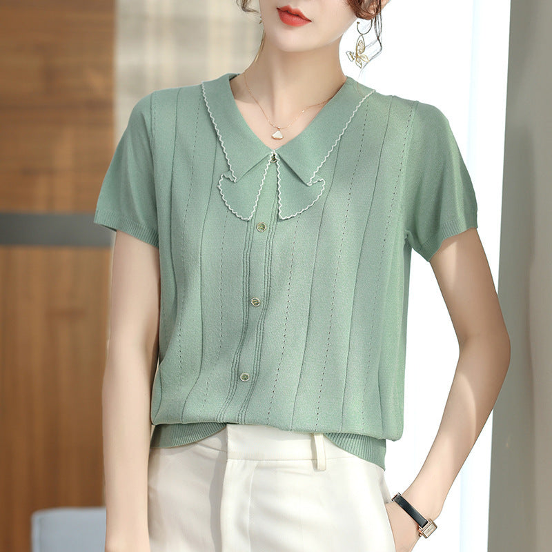 Doll Collar Carven Design Breasted Short-sleeved Sweater Top