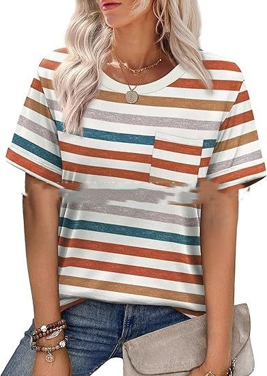 Striped Printed Solid Color Round Neck Pocket Short Sleeve