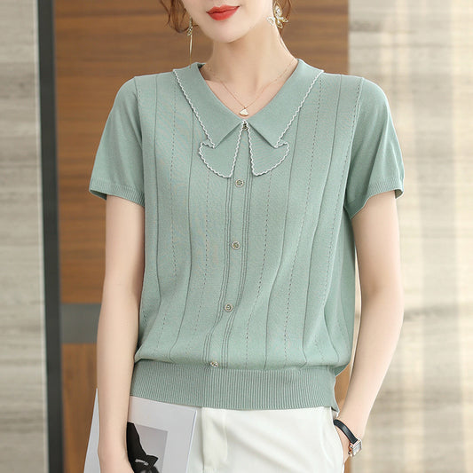 Doll Collar Carven Design Breasted Short-sleeved Sweater Top