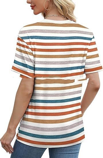 Striped Printed Solid Color Round Neck Pocket Short Sleeve