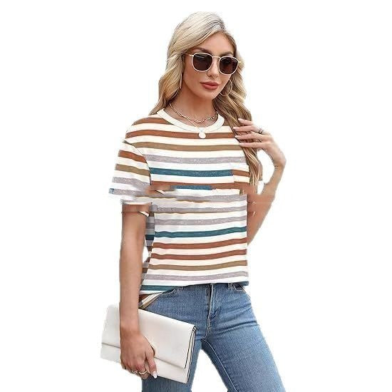 Striped Printed Solid Color Round Neck Pocket Short Sleeve