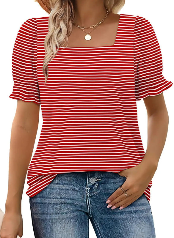Spring And Summer New Fashion Simple U-neck Petal Sleeve Loose T-shirt