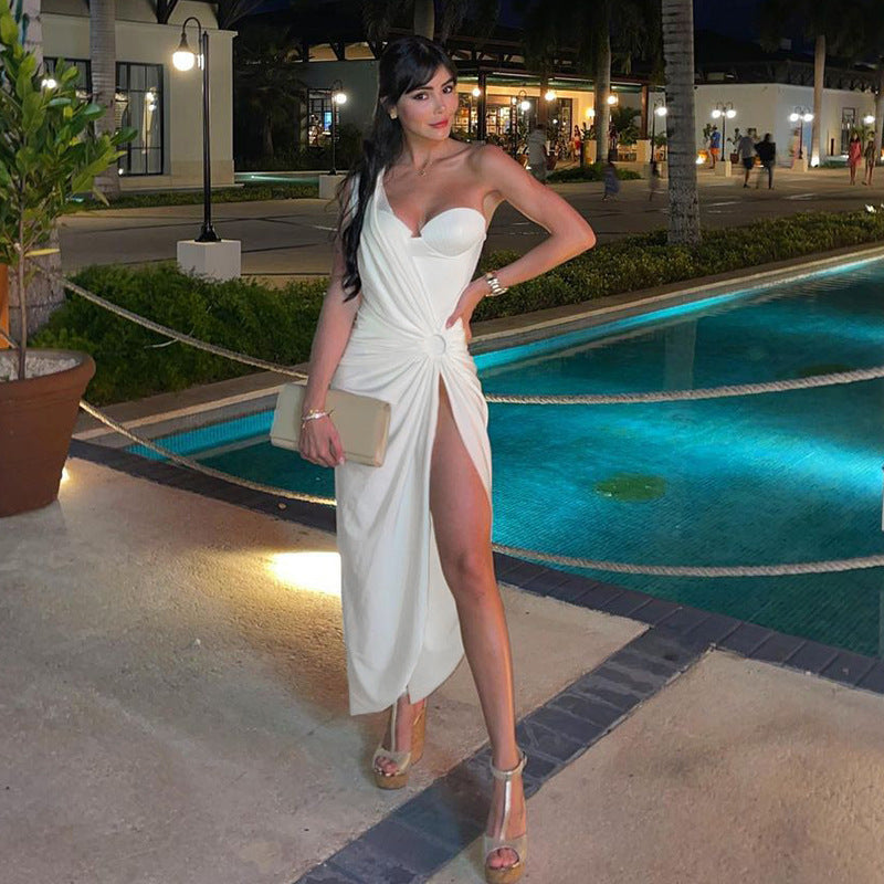 Ladies One Shoulder Halter Neck Irregular Dress