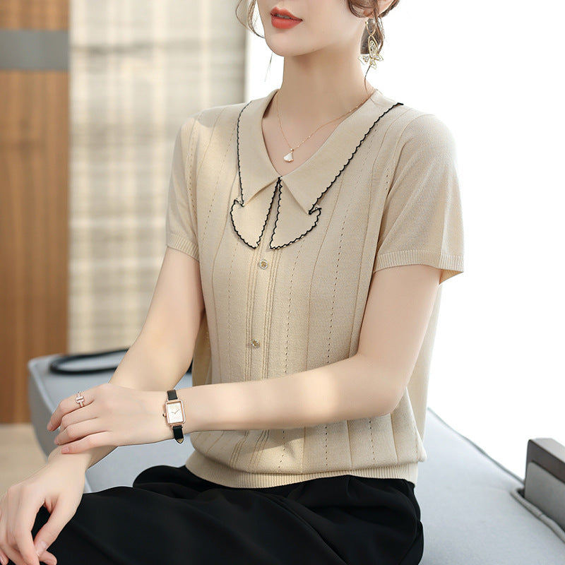 Doll Collar Carven Design Breasted Short-sleeved Sweater Top