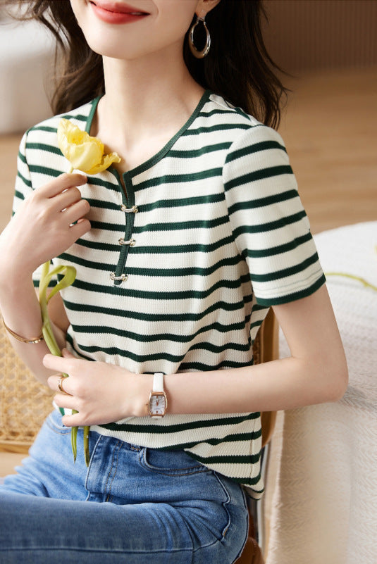 Striped Contrast Color Decorative Buckle Top