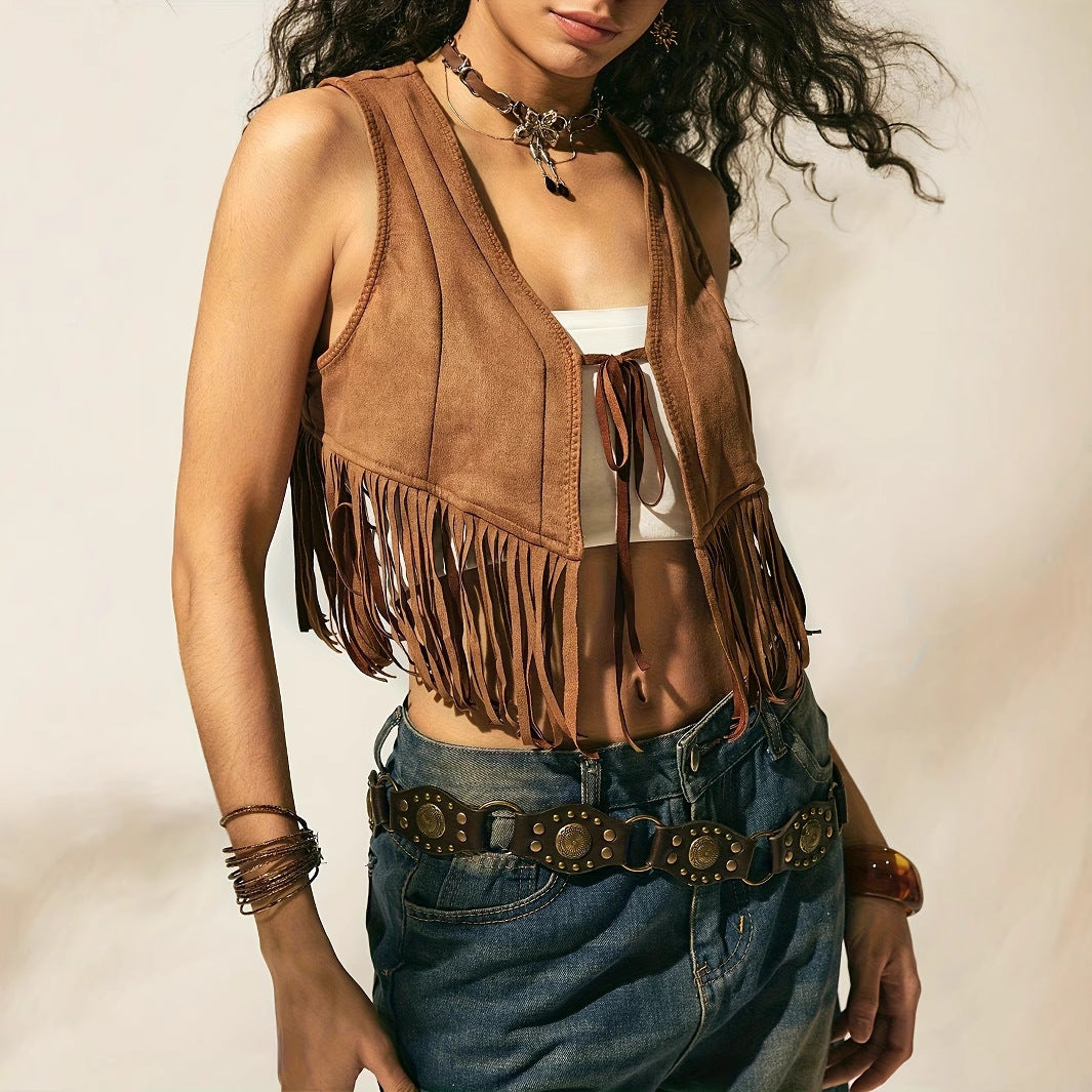 Women's Solid Color Tassel Hem Lace Up Slim Vest