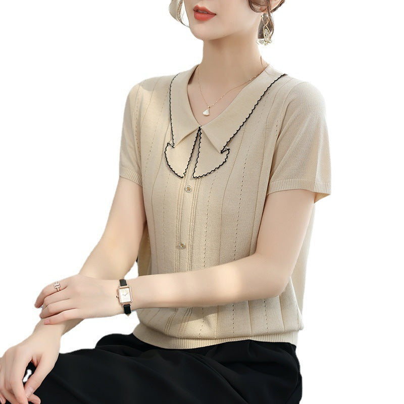 Doll Collar Carven Design Breasted Short-sleeved Sweater Top