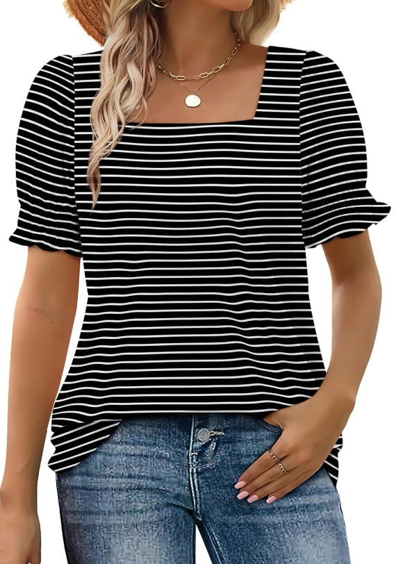 Spring And Summer New Fashion Simple U-neck Petal Sleeve Loose T-shirt