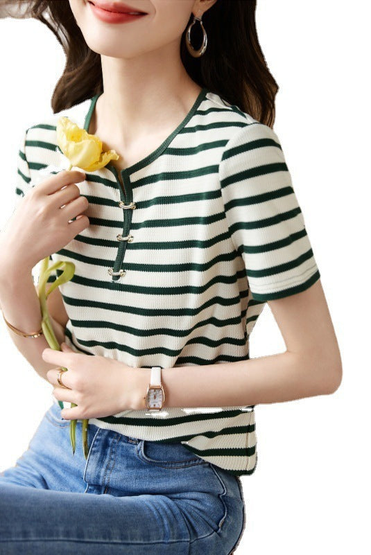 Striped Contrast Color Decorative Buckle Top