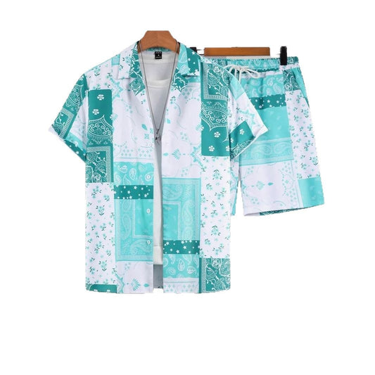 Contrast Color Retro Totem 3D Printed Shirt Shorts 2 Pieces Suit