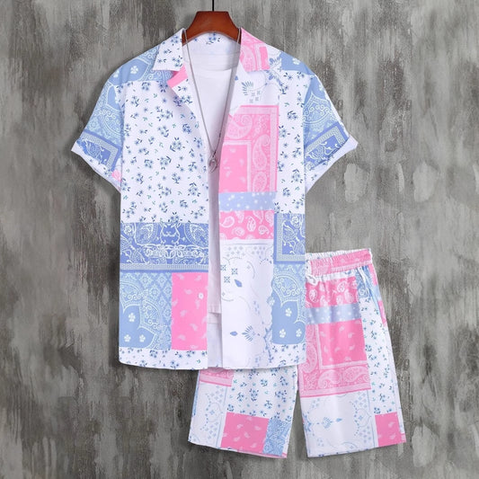Contrast Color Retro Totem 3D Printed Shirt Shorts 2 Pieces Suit