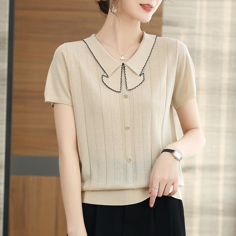 Doll Collar Carven Design Breasted Short-sleeved Sweater Top