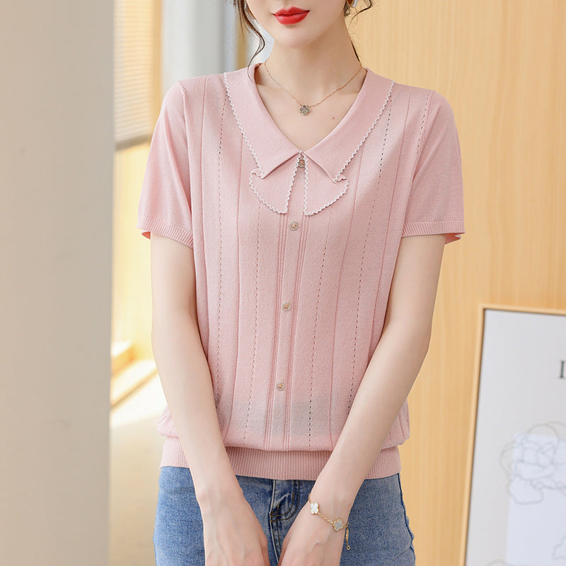 Doll Collar Carven Design Breasted Short-sleeved Sweater Top