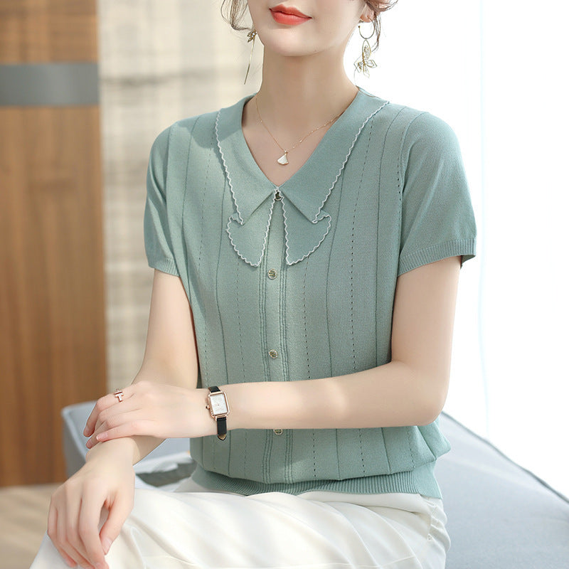 Doll Collar Carven Design Breasted Short-sleeved Sweater Top