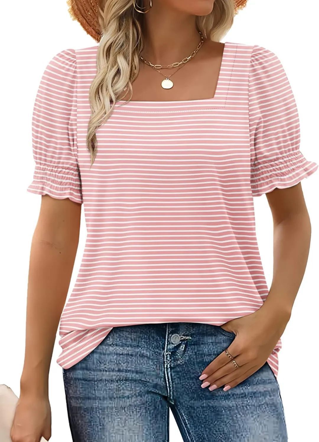 Spring And Summer New Fashion Simple U-neck Petal Sleeve Loose T-shirt