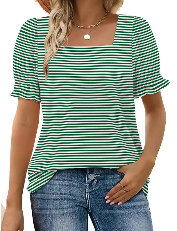Spring And Summer New Fashion Simple U-neck Petal Sleeve Loose T-shirt
